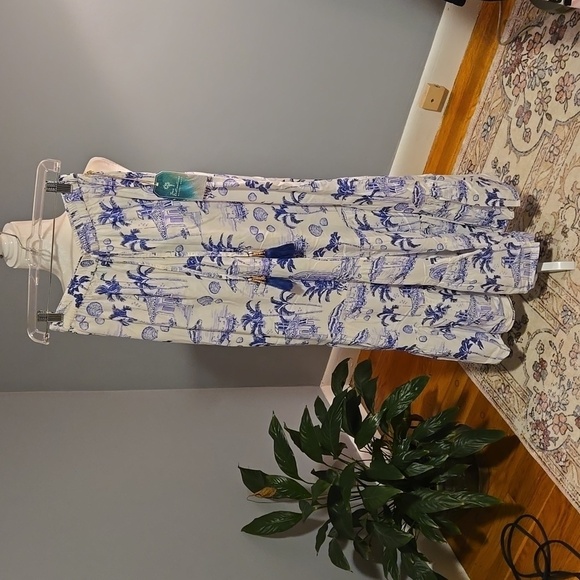 True Destinations Blue White Elastic Waist Toile Flare Wide Leg Resort Pant Sz M